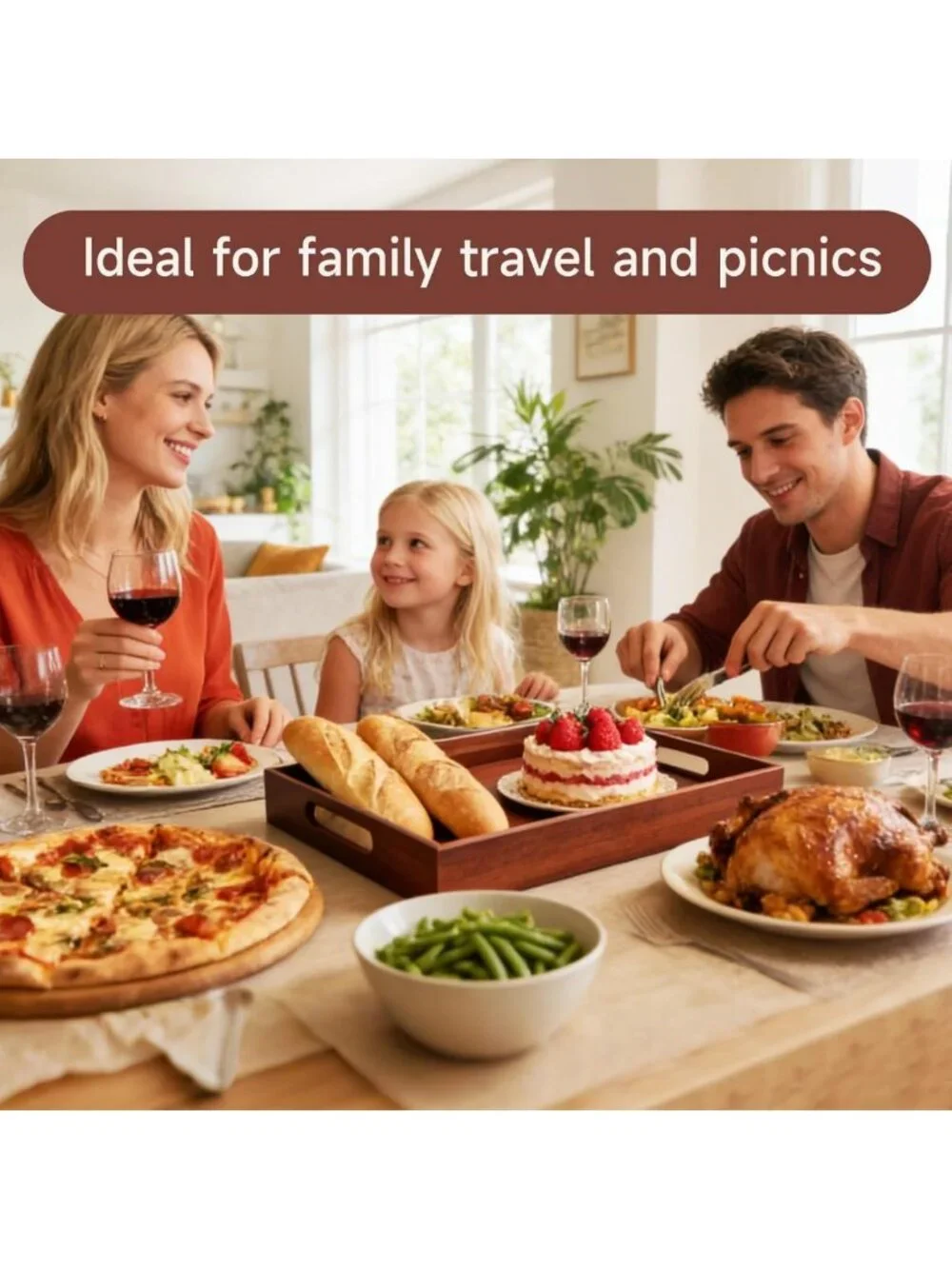 Large Acacia Wood Serving Tray with Handles - 17x12 Inch for Food & Drinks